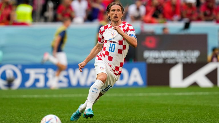 Croatia's Luka Modric chases the ball during the World Cup group F soccer match between Morocco and Croatia, at the Al Bayt Stadium in Al Khor , Qatar, Wednesday, Nov. 23, 2022. (Themba Hadebe/AP)