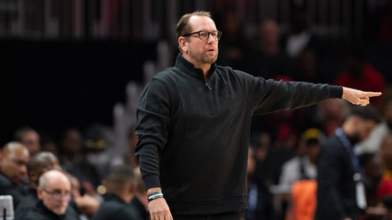 Toronto Raptors head coach Nick Nurse points during the first half of an NBA basketball game against the Atlanta Hawks, Saturday, Nov. 19, 2022, in Atlanta. (Hakim Wright Sr./AP)