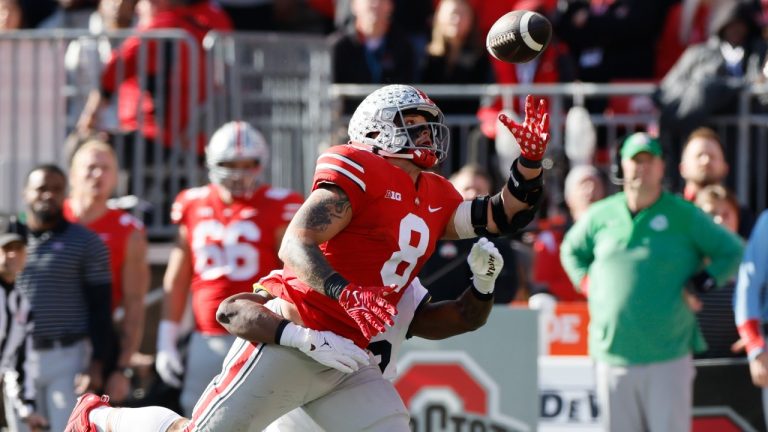 Michigan linebacker Jaylen Harrell, rear, breaks up a pass intended for Ohio State tight end Cade Stover during the first half of an NCAA college football game on Saturday, Nov. 26, 2022, in Columbus, Ohio. (Jay LaPrete/AP)