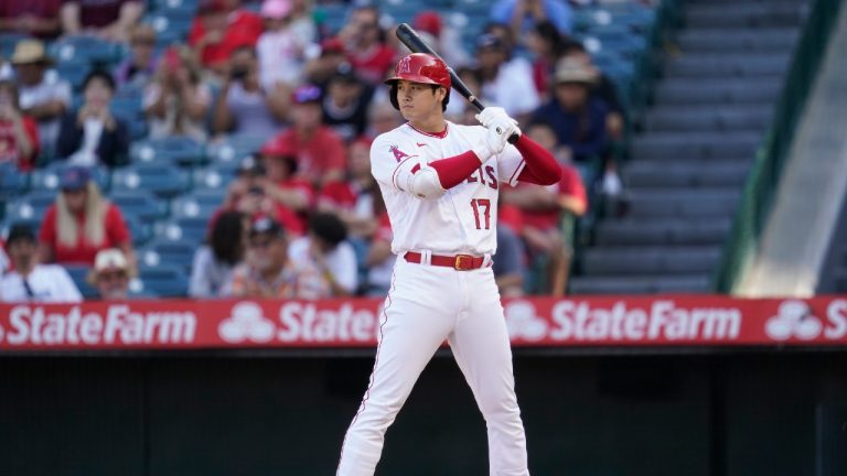 Los Angeles Angels designated hitter Shohei Ohtani (17) waits for a pitch during the eighth inning of a baseball game against the Texas Rangers in Anaheim, Calif., Sunday, Oct. 2, 2022. (Ashley Landis/AP)