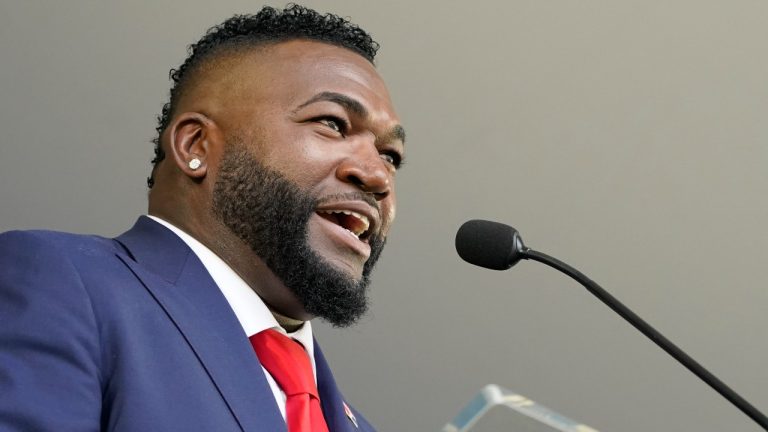 Hall of Fame inductee David Ortiz, formerly of the Boston Red Sox, speaks during the National Baseball Hall of Fame induction ceremony, Sunday, July 24, 2022, at the Clark Sports Center in Cooperstown, N.Y. (John Minchillo/AP Photo)