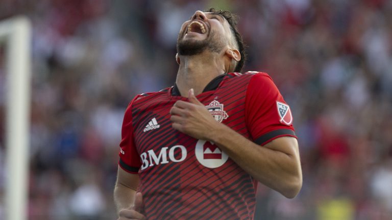 Toronto FC midfielder Jonathan Osorio celebrates after  scoring his team's opening goal against Charlotte FC during  first half MLS action in Toronto on Saturday July 23, 2022. (Chris Young/CP)