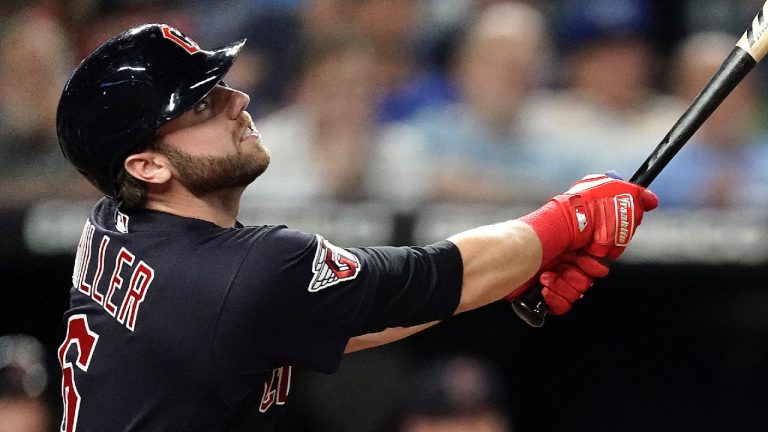 Cleveland Guardians' Owen Miller watches his RBI single during the fourth inning of a baseball game against the Kansas City Royals Wednesday, Sept. 7, 2022, in Kansas City, Mo. (Charlie Riedel/AP)