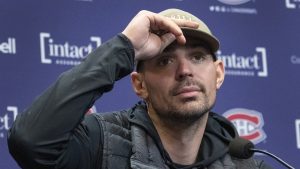 Montreal Canadiens goaltender Carey Price, who is on the long term injury reserve list, speaks to the media at the team’s practice facility, Monday, October 24, 2022 in Brossard, Que. (Ryan Remiorz/CP)