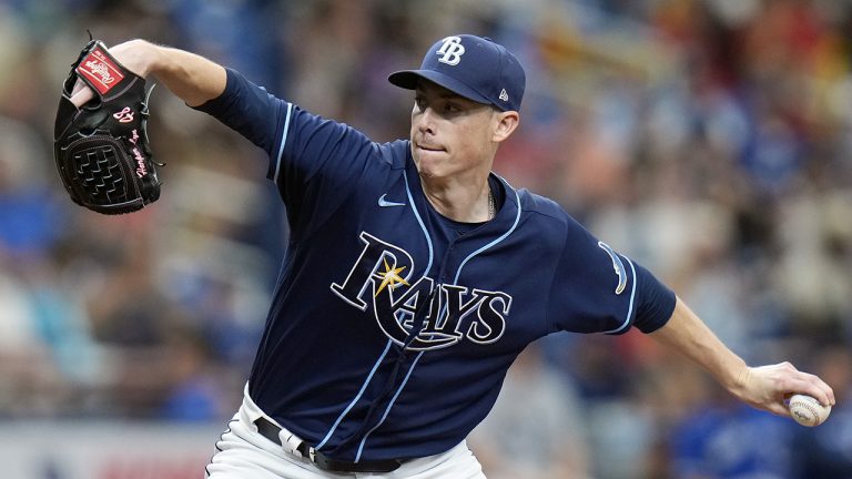 Former Tampa Bay Rays pitcher Ryan Yarbrough pitches to the Toronto Blue Jays during the third inning of a baseball game Wednesday, Aug. 3, 2022, in St. Petersburg, Fla. (Chris O'Meara/AP)