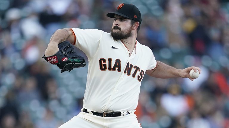 Former San Francisco Giants' Carlos Rodon pitches against the San Diego Padres during the first inning of a baseball game in San Francisco, Monday, Aug. 29, 2022. (Jeff Chiu/AP)