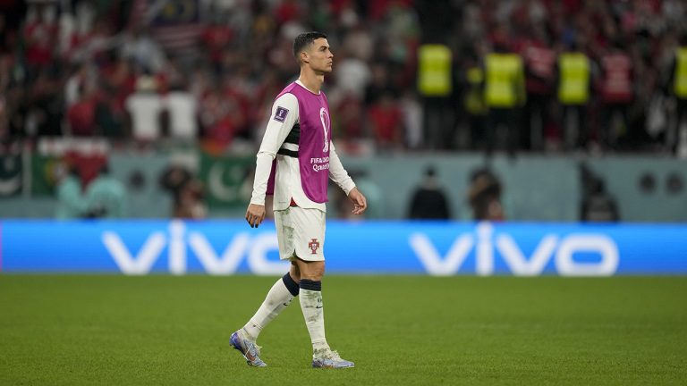 Portugal's Cristiano Ronaldo walks the pitch at the end of the World Cup group H soccer match between South Korea and Portugal, at the Education City Stadium in Al Rayyan , Qatar, Friday, Dec. 2, 2022. (Lee Jin-man/AP)