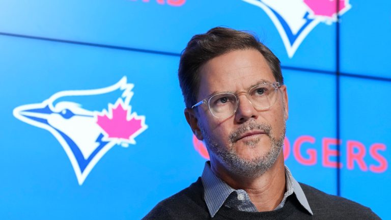 Ross Atkins, Toronto Blue Jays general manager, speaks to the media at the year end press conference. (Nathan Denette/CP)