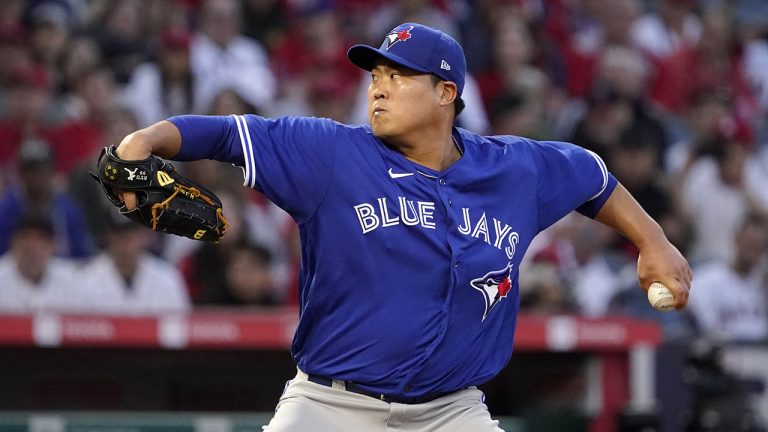 Toronto Blue Jays starting pitcher Hyun Jin Ryu throws to the plate during the third inning of a baseball game against the Los Angeles Angels Thursday, May 26, 2022, in Anaheim, Calif. (AP)