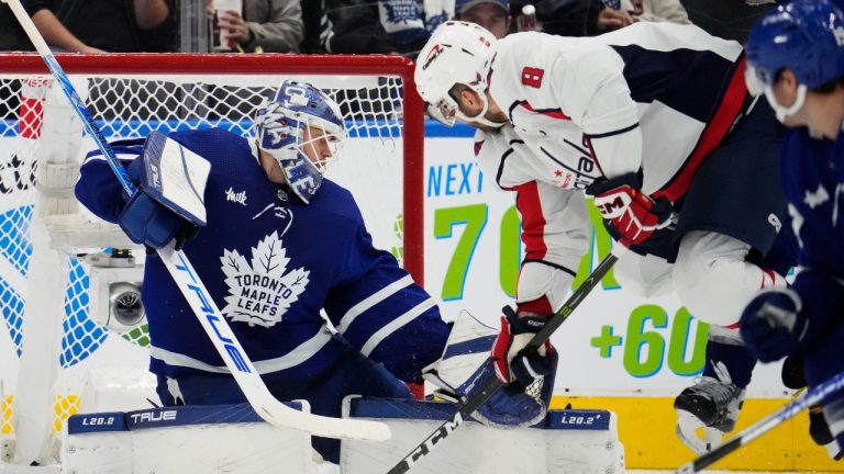 Toronto Maple Leafs' goaltender Ilya Samsonov makes a save on Washington Capitals' Alex Ovechkin during second period NHL hockey action in Toronto on Thursday, October 13, 2022. (Frank Gunn/The Canadian Press)