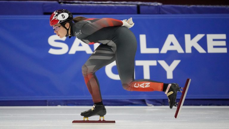 Courtney Sarault, of Canada, competes during the women's 1500 quarterfinals at a World Cup short track speedskating event at the Utah Olympic Oval, Friday, Nov. 4, 2022, in Kearns, Utah. (Rick Bowmer/AP Photo)