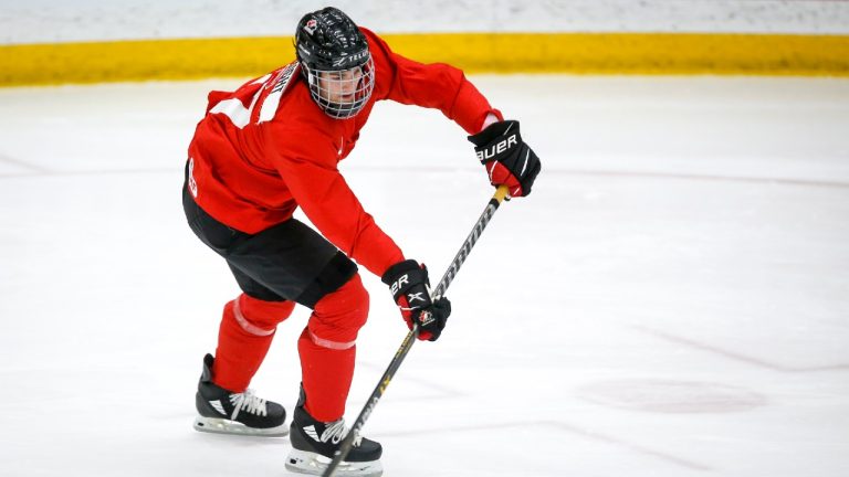 Shane Wright shoots during a practice at the Canadian World Junior Hockey Championships selection camp in Calgary, Thursday, Dec. 9, 2021. Jeff McIntosh/THE CANADIAN PRESS