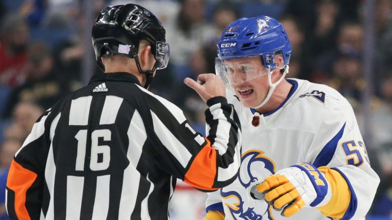 Buffalo Sabres left wing Jeff Skinner argues with official Brian Pochmara during the third period of the team's NHL hockey game against the New Jersey Devils on Friday, Nov. 25, 2022, in Buffalo, N.Y. (Joshua Bessex/AP Photo)