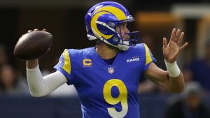 Los Angeles Rams quarterback Matthew Stafford passes during the first half of an NFL football game against the against the San Francisco 49ers Sunday, Oct. 30, 2022, in Inglewood, Calif. (Gregory Bull/AP)