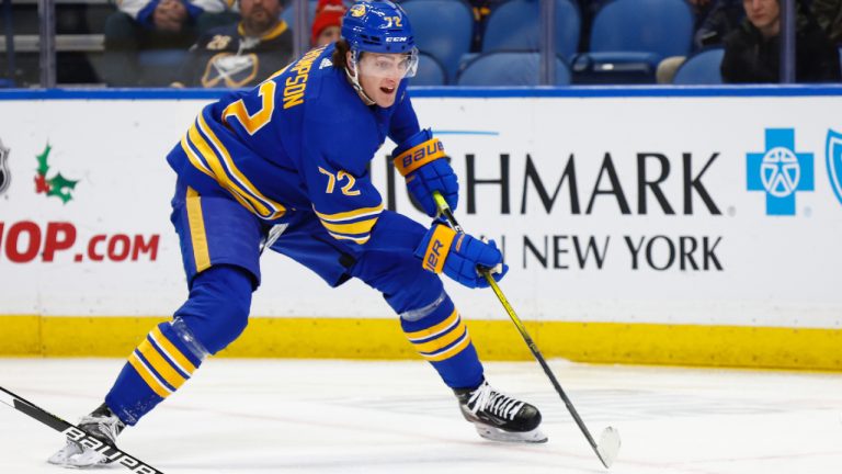 Buffalo Sabres right wing Tage Thompson (72) passes the puck during the first period of an NHL hockey game against the Colorado Avalanche, Thursday, Dec. 1, 2022, in Buffalo, N.Y. (Jeffrey T. Barnes/AP)