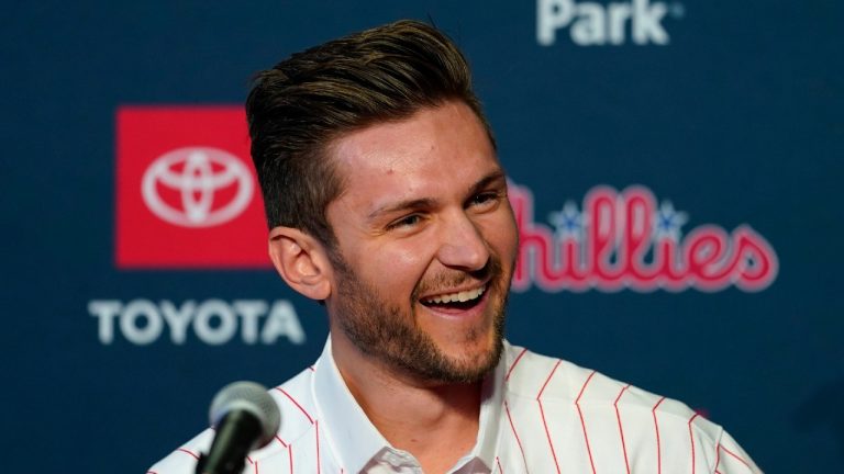 Newly-acquired Philadelphia Phillies shortstop Trea Turner laughs during his introductory news conference, Thursday, Dec. 8, 2022, in Philadelphia. (Matt Slocum/AP)