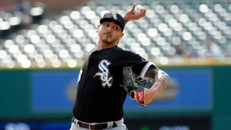 Chicago White Sox starting pitcher Vince Velasquez throws against the Detroit Tigers in the first inning of a baseball game, Sunday, Sept. 18, 2022, in Detroit. (Jose Juarez/AP)