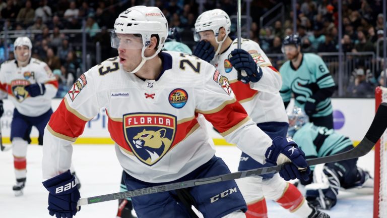 Florida Panthers center Carter Verhaeghe (23) skates from the goal after scoring his second goal of the night against the Seattle Kraken, during the first period of an NHL hockey game. (John Froschauer/AP)