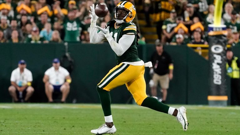 Green Bay Packers wide receiver Sammy Watkins catches a pass during the second half of an NFL football game against the Chicago Bears Sunday, Sept. 18, 2022, in Green Bay, Wis. (Morry Gash/AP Photo)