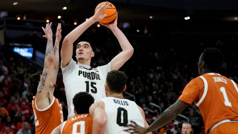 Purdue's Zach Edey shoots during the first half of a second-round NCAA college basketball tournament game against Texas Sunday, March 20, 2022, in Milwaukee. (Morry Gash/AP)