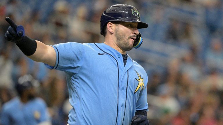 Tampa Bay Rays' Mike Zunino reacts after hitting a two-run home run during the sixth inning of a baseball game against the Chicago White Sox, Sunday, June 5, 2022, in St. Petersburg, Fla. (AP Photo/Phelan M. Ebenhack)