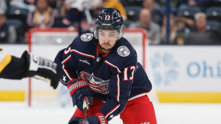 Columbus Blue Jackets' Johnny Gaudreau, right, looks for an open pass against the Pittsburgh Penguins during the second period of a preseason NHL hockey game Sunday, Sept. 25, 2022, in Columbus, Ohio. (Jay LaPrete/AP) 