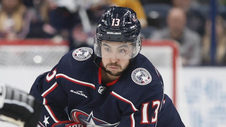 Columbus Blue Jackets' Johnny Gaudreau, right, looks for an open pass against the Pittsburgh Penguins during the second period of a preseason NHL hockey game Sunday, Sept. 25, 2022, in Columbus, Ohio. (AP Photo/Jay LaPrete)