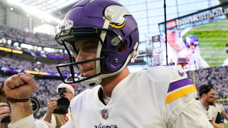 Minnesota Vikings place kicker Greg Joseph celebrates after kicking a 61-yard field goal on the final play of an NFL football game against the New York Giants, Saturday, Dec. 24, 2022, in Minneapolis. The Vikings won 27-24. (Abbie Parr/AP Photo)