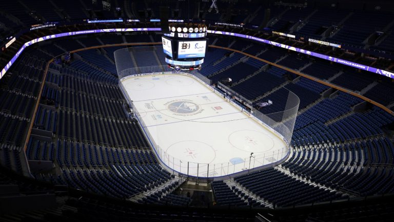 The rink at KeyBank Center is viewed before an NHL hockey game between the Boston Bruins and the Buffalo Sabres, Friday, Oct. 22, 2021, in Buffalo, N.Y. (Joshua Bessex/AP)