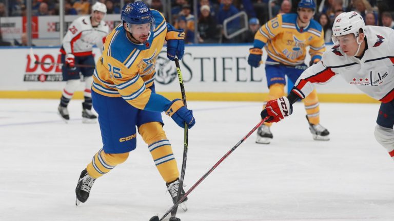 St. Louis Blues' Jordan Kyrou (25) shoots the puck against Washington Capitals' Martin Fehervary (42) during the second period of an NHL hockey game Thursday, Nov. 17, 2022, in St. Louis. (Michael Thomas/AP)