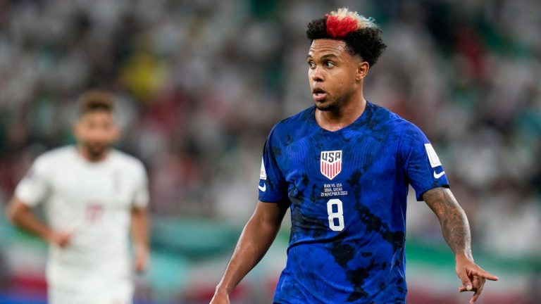 Weston McKennie of the United States reacts during the World Cup group B soccer match between Iran and the United States at the Al Thumama Stadium. (Ricardo Mazalan/AP)