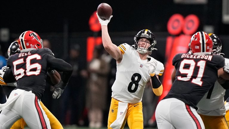 Pittsburgh Steelers quarterback Kenny Pickett (8) works in the pocket against the Atlanta Falcons during the first half of an NFL football game, Sunday, Dec. 4, 2022, in Atlanta. (Brynn Anderson/AP)