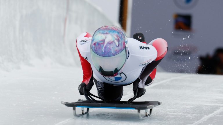 Mirela Rahneva, of Canada, competes in the women's World Cup skeleton race Thursday, Dec. 1, 2022, in Park City, Utah. (Jeff Swinger/AP Photo)