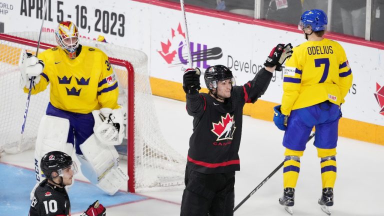 Canada's Joshua Roy, second from right, and Logan Stankoven, left, celebrate a goal in front of Sweden's goaltender Carl Lindbom, second from left, and Calle Odelius during third period IIHF World Junior Hockey Championship action in Halifax. (Darren Calabrese/CP)