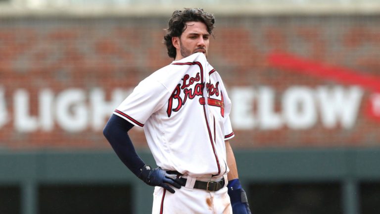 Atlanta Braves' Darby Swanson stands at second base in the third inning of a baseball game against the Washington Nationals, Sunday, Sept. 16, 2018, in Atlanta. (Tami Chappell/AP) 