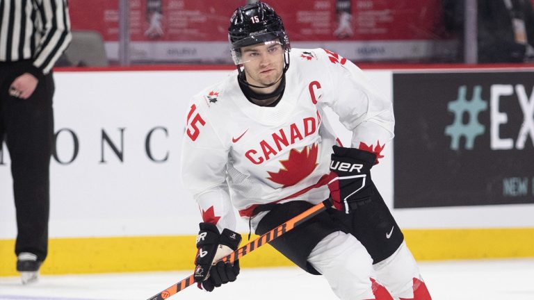 Canada's Shane Wright watches the play against Switzerland during third period IIHF World Junior Hockey Championship pre-tournament hockey action in Moncton, N.B., on Monday, Dec. 19, 2022. (Ron Ward/CP)