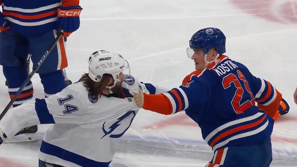 Kassian fights Kostin during final seconds of Oilers' blowout vs