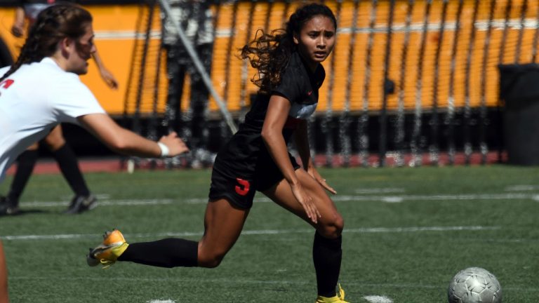 Harvard-Westlake's Alyssa Thompson looks to pass during a girls soccer CIF playoff soccer game against San Clemente at Harvard-Westlake in Studio City, Calif., Friday, May 14, 2021. Thompson was the top pick Thursday, Jan. 12, 2023, in the National Women’s Soccer League draft by Angel City, becoming the first high school player to be selected in the history of the league. (Hans Gutknecht/The Orange County Register via AP)