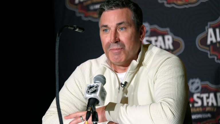 Andrew Brunette speaks during Media Day at the 2022 NHL All-Star Weekend in Las Vegas, Nevada. (Photo by David Becker/Getty Images)