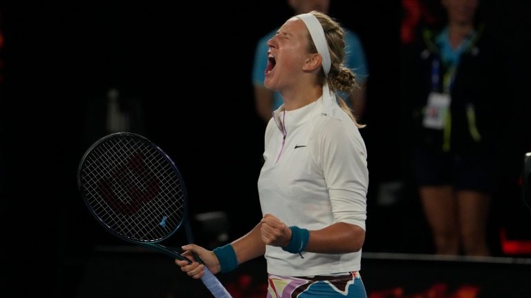 Victoria Azarenka of Belarus celebrates after defeating Zhu Lin of China during their fourth round match at the Australian Open tennis championship in Melbourne, Australia, Monday, Jan. 23, 2023. (Ng Han Guan/AP)