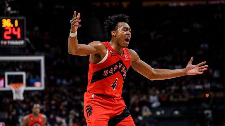 Toronto Raptors forward Scottie Barnes (4) reacts after a play during second half NBA basketball action against the Milwaukee Bucks in Toronto on Wednesday, January 4, 2023. (Christopher Katsarov/CP)