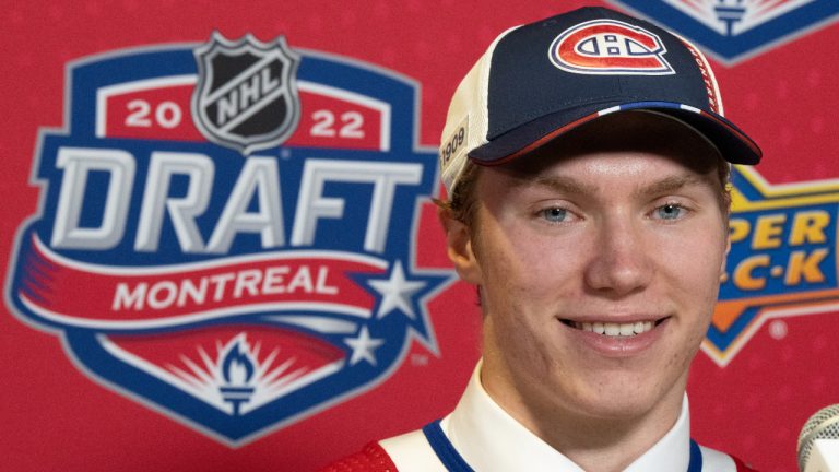 Montreal Canadiens 33rd pick Owen Beck speaks to the media during the second round of the 2022 NHL Draft on Friday, July 8, 2022 in Montreal. (Ryan Remiorz/CP)