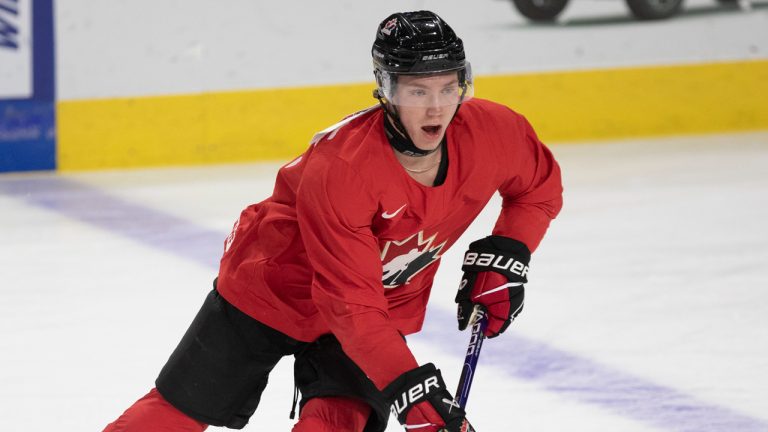 Owen Beck skates during the Canadian World Junior Hockey Championships selection camp in Moncton, N.B., Friday, December 9, 2022. (Ron Ward/CP)