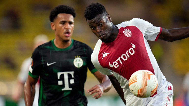 Monaco's Benoit Badiashile controls the ball during the Europa League group H soccer match between Monaco and Ferencvaros at the Stade Louis II in Monaco, Thursday, Sept. 15, 2022. (Daniel Cole/AP)