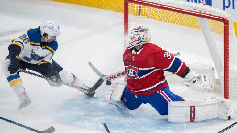 St. Louis Blues' Brandon Saad (20) scores on Montreal Canadiens goaltender Jake Allen during first period NHL hockey action in Montreal, Saturday, January 7, 2023. (Graham Hughes/CP)