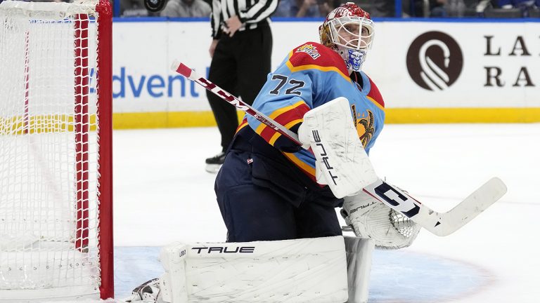 Florida Panthers goaltender Sergei Bobrovsky (72) makes a save on a shot by the Tampa Bay Lightning during the second period of an NHL hockey game Saturday, Dec. 10, 2022, in Tampa, Fla. (Chris O'Meara/AP)