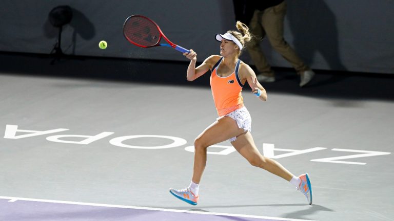 Canada's Eugenie Bouchard hits a forehand to Sara Sorribes Tormo, of Spain, during the women's final in the Abierto of Zapopan tennis tournament in Zapopan, Mexico, Saturday, March 13, 2021. (Refugio Ruiz/AP Photo)