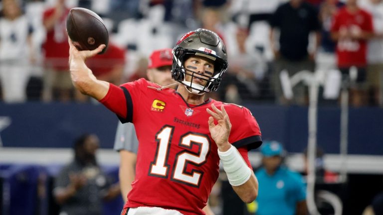 Tampa Bay Buccaneers quarterback Tom Brady warms up before a NFL football game against the Dallas Cowboys in Arlington, Texas, Sunday, Sept. 11, 2022. (Michael Ainsworth/AP)