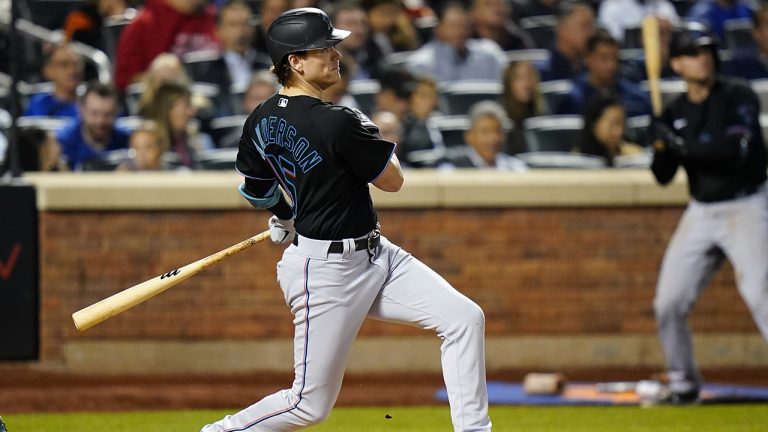 Miami Marlins' Brian Anderson hits an RBI double during the seventh inning of a baseball game against the New York Mets Wednesday, Sept. 28, 2022, in New York. (Frank Franklin II/AP)