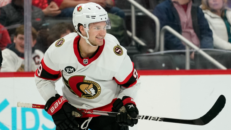 Ottawa Senators centre Josh Norris celebrates his goal against the Detroit Red Wings in the third period of an NHL hockey game Friday, April 1, 2022, in Detroit. (AP/Paul Sancya)